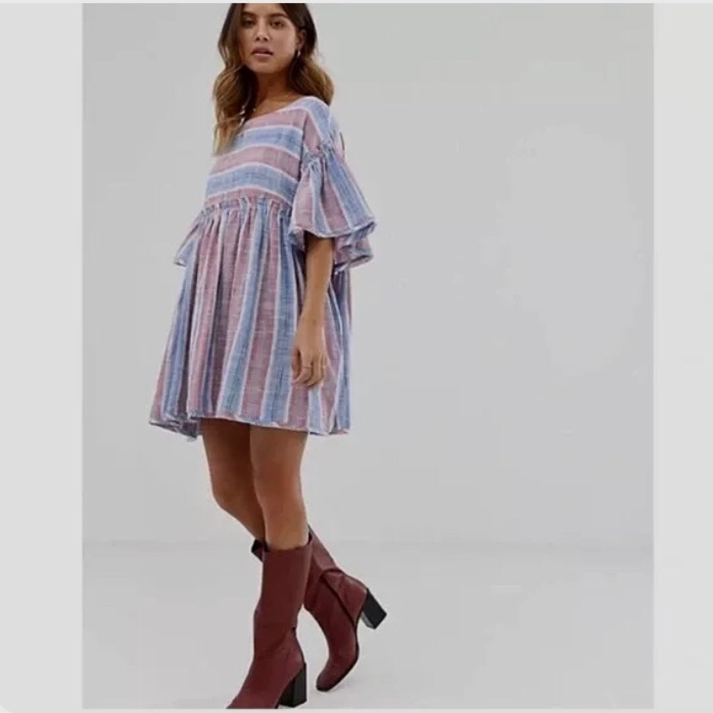 FREE PEOPLE SUMMER NIGHTS STRIPED COTTON TUNIC MINI DRESS SHORT BELL-SLEEVE TOP - Picture 6 of 16